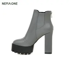 NEMAONE 2018 Woman Ankle Boots platform Square High Heel Fashion Solid Women Shoes Round Toe Ladies Motorcycle Boots Size 34-43