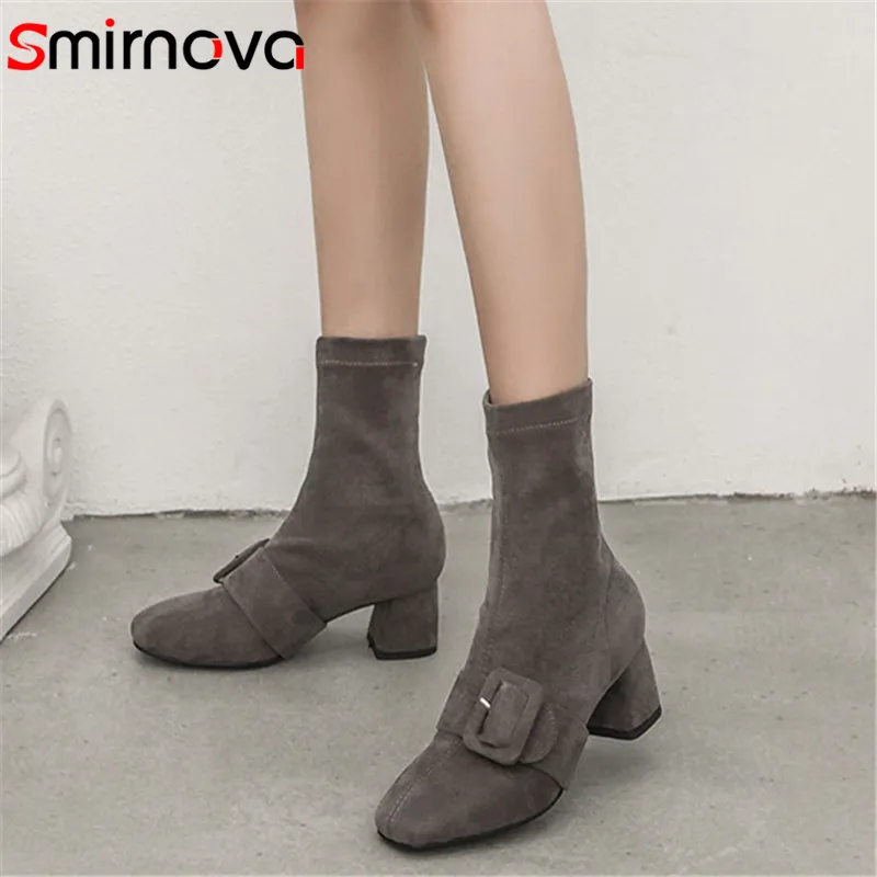 

Smirnova HOT 2018 autumn winter flock ladies boots casual square toe ankle boots new arrive woman boots high heel slip on shoes