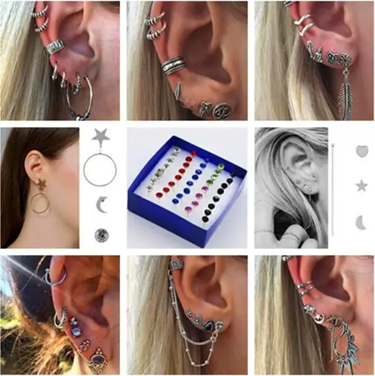 

Fashion Vintage Punk Ear Earrings Girls Chain Tassel Leaf Ear Clip Moon stars Crystal pearl Ear Cuff For Women Jewelry