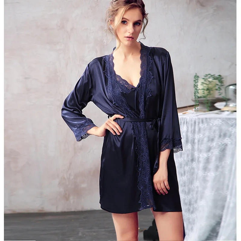 

2018 Spring Sexy Women Lace Nightwear Robes 5 colors Faux Silk Pajamas Two piece set Female Bathrobes Noble Braces Sleepwear
