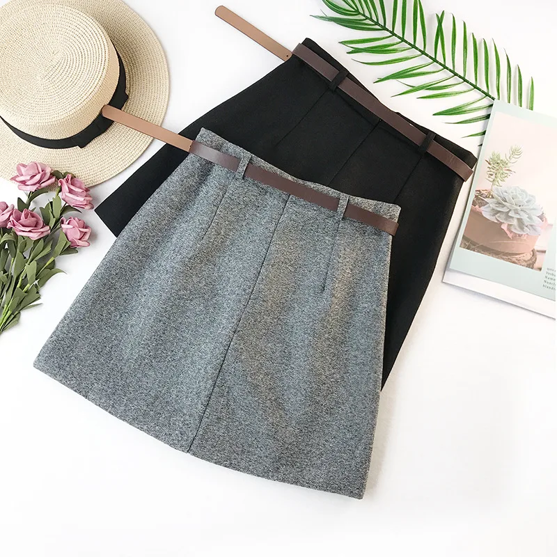 2021 Spring New Arrival Vintage Temperament High Waist A-line Office Skirts Womens With Belt Woolen Mini Skirt Free Shipping