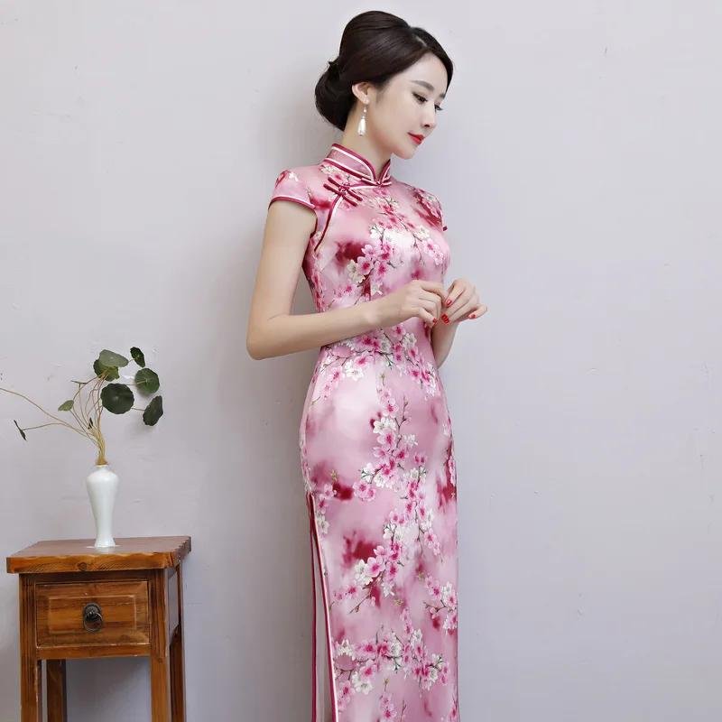 Китайское традиционное платье женское ретро с короткими рукавами шелковое cheongsam