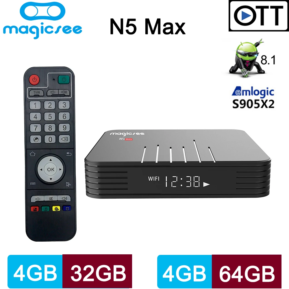 

Magicsee N5 MAX Android 8.1 TV BOX Amlogic S905X2 4GB DDR4 32/64GB ROM BT4.1 2.4/5G WiFi Set Top Box Support 4K H.265 Player