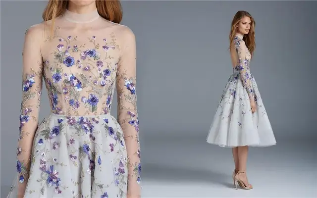 2017 Y Prom Dresses Long Sleeves Flower Embroidery Tea Length 2017 Y Prom Dresses Long Sleeves Flower Embroidery Tea Length Party Evening Dress High Neck Vintage