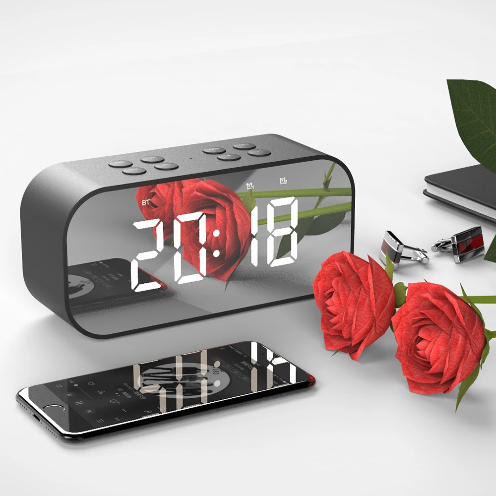 

LED Digital Alarm Clock Wireless Bluetooth Stereo Speaker LED Display Music Sound Box With Alarm Clock Mirror Desk Clock F