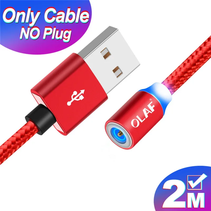 Магнитный Micro USB кабель OLAF 2A Зарядка 1 м 2 м светодиодный магнитный кабель для зарядки и передачи данных для Xiaomi 4X huawei P8 Lite samsung A5 J5 J7 - Цвет: 2M Only Red Cable