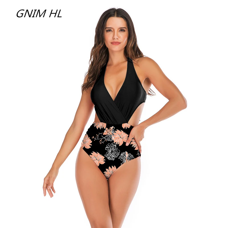 

High Waist Bikini One Piece Swimwear Women New 2019 Printed Swimsuit Sexy Swimming Suit For Women Backless Beachwear Swim Suit