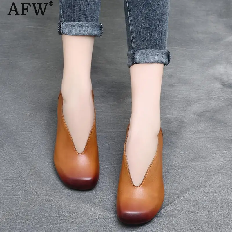 AFW Women Pumps Soft Leather 5 CM High Heels Women Shoes 2018 Genuine Leather Pumps Retro Set Foot Lazy Shoes Handmade Lady Pump