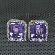 Винтаж изумрудная огранка, 8x10 мм натуральный аметист в твердой 14Kt белое золото серьги E0003