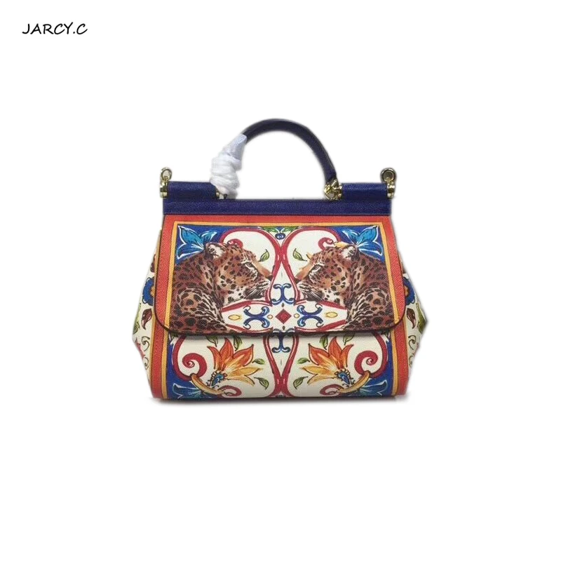 

Luxury Brand Sicily Ethnic Flower Printed Genuine Leather Tote Bag Women Platinum Bags Handbag Purse Female Shoulder Bag/Handbag