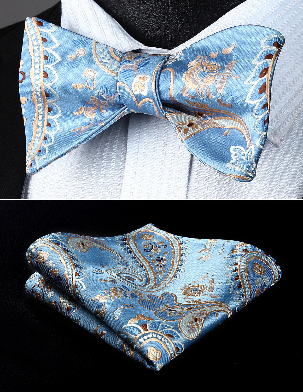  Party Pocket Square Classic Wedding BP928BS Blue Gold Paisley Bowtie Men Silk Self Bow Tie handkerc