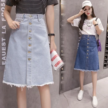 

Fashion A-line Single Breasted Women Denim Skirt Plus Size Female Casual Classic Simple Knee Length Skirts Bottom Raw Edge