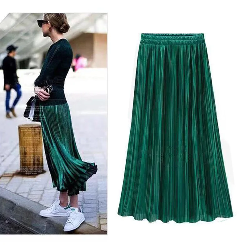 

Pleated Skirt Green Long Skirt Falda Plisada Xxxl Spodnica Saia Jupe Longue Streetwear Elegant Casual Fashion Gonne Donna 2019