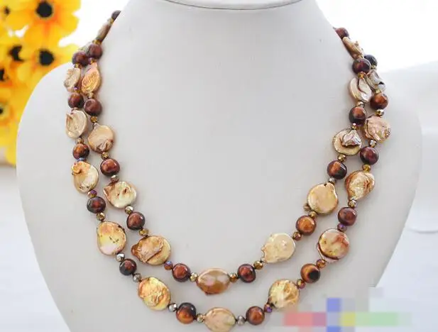 

FREE SHIPPING>@@> 3882 golden coffee round / coin freshwater pearl black faceted agate necklace