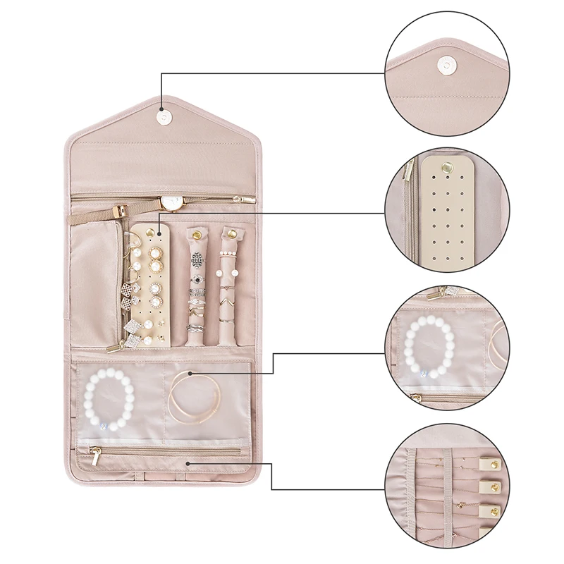 BAGSMART дорожный органайзер для бижутерии рулон складной чехол для ювелирных изделий для путешествий-кольца, ожерелья, браслеты, серьги, нежно-розовый