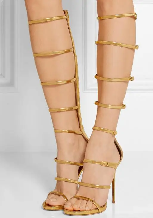 

Akamatsu Gold Sliver Black Patent Leather Sandals Summer Knee High Zipper Boots Sexy Narrow Band Buckle Strap Gladitor Boots