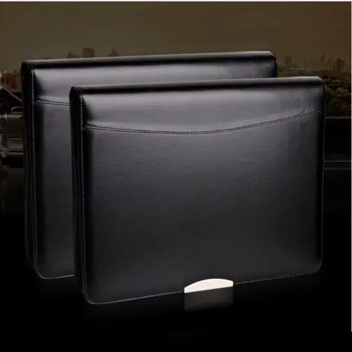 

a4 leather file folder zipper portfolio briefcase A4 padfolio business manager bag ring binder with metal decorative sheet W023