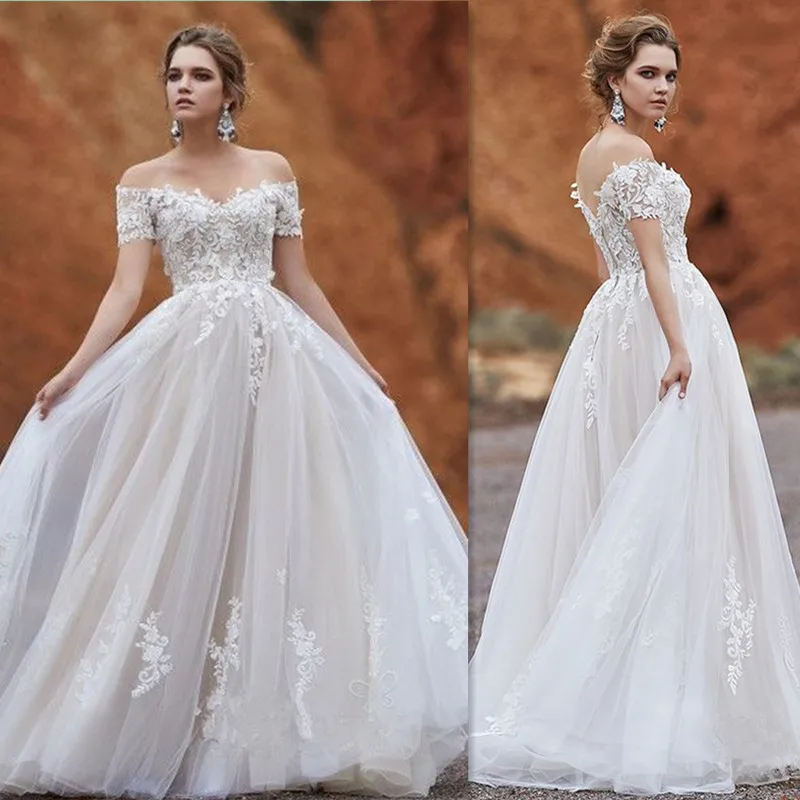 

srui sker Off the Shoulder Lace Applique Wedding Dress with Backless Ball Gown Floor Length Tulle Bridals Dress