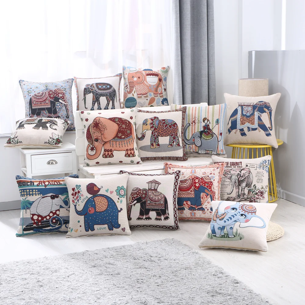 

India elephant pattern embroidered sofa cushion cover jacquard decorative throw pillow case cover cartoon for home decoration