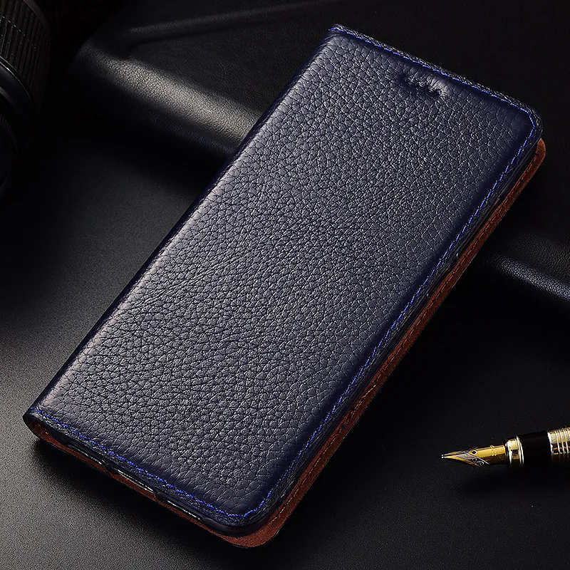Чехол из натуральной кожи с откидной подставкой личи для Xiaomi Mi Max 2 3 Max2 Max3, чехол для мобильного телефона - Цвет: Синий