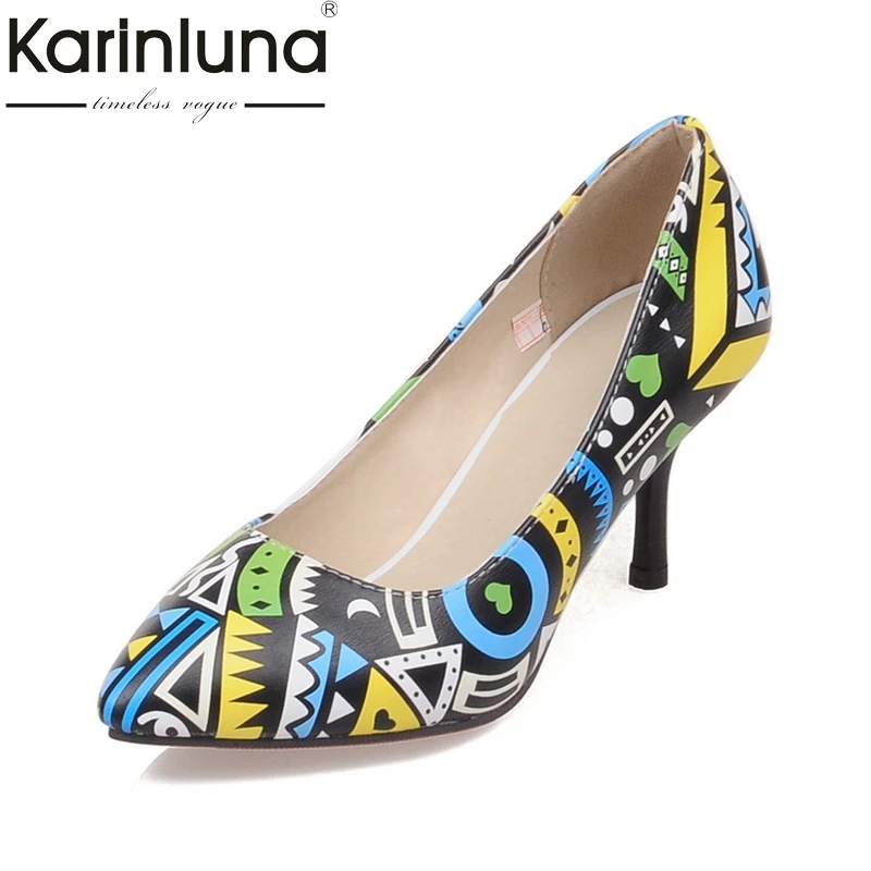 

Karinluna 2018 Plus Size 32-44 Pointed Toe Pumps Woman Slip On Shoes Woman Square High Heels Office Lady Woman Pumps