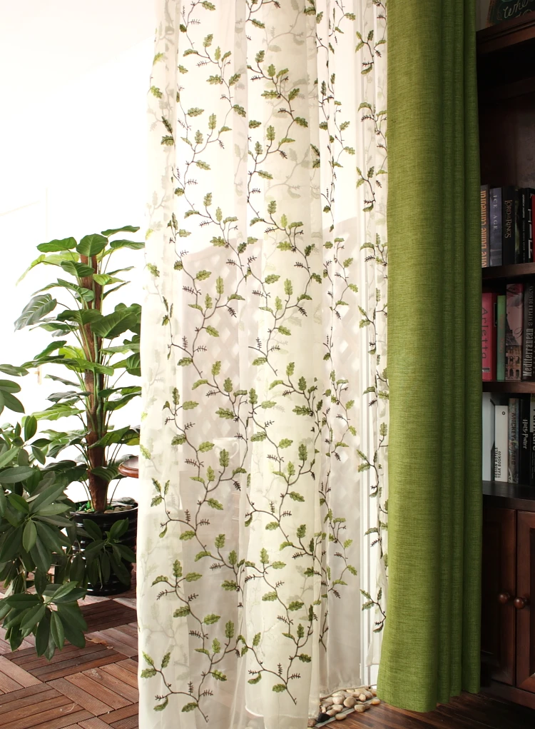 Новая деревенская вышивка льняная занавеска Тюль гостиная спальня зеленый лист вышивка затемнение, занавес на заказ