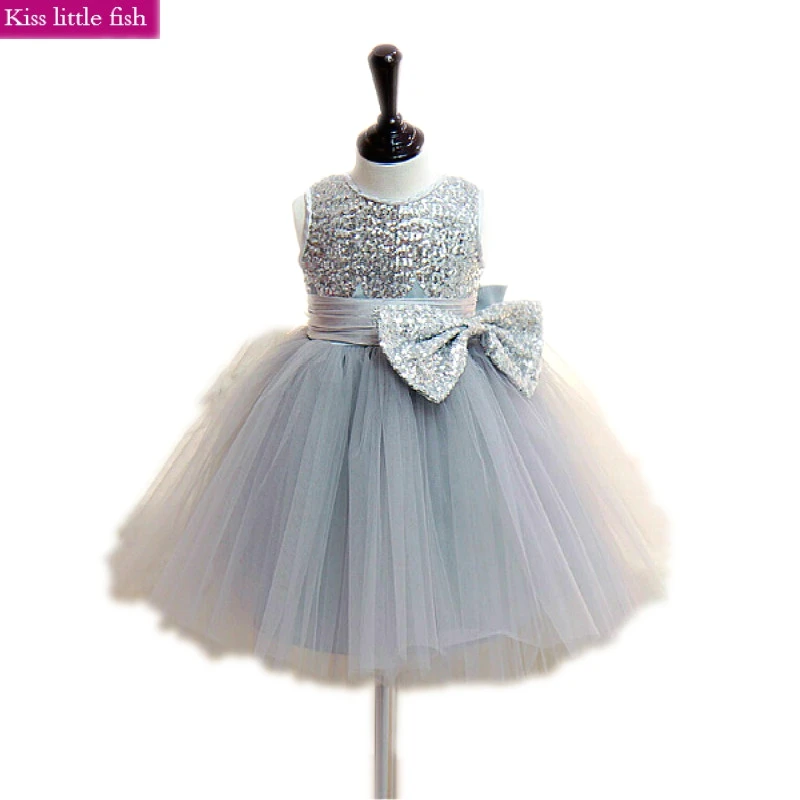 Модное серебряное платье с цветочным узором для девочек на свадьбу, пышные платья для маленьких девочек, короткие платья,, на заказ, для детей от 2 до 14 лет