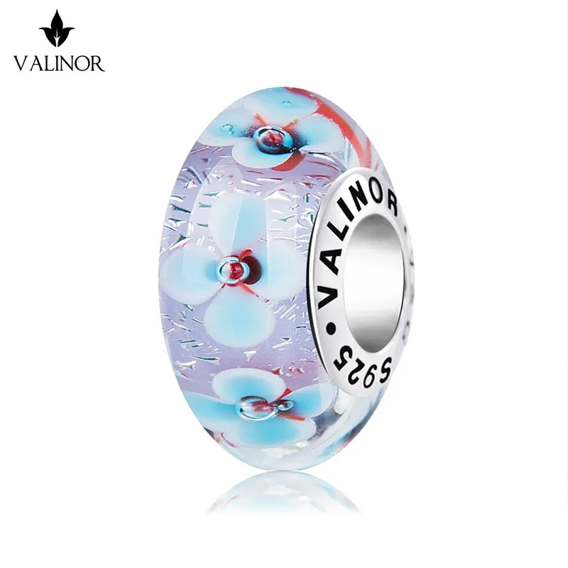 

Blue flowers colorful flashes murano glass beads charms 925 Sterling Silver fit Bracelets Jewelry Trendy JKLL020