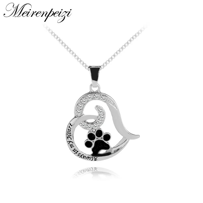 

Cute Puppy Paw Prints Always In My Heart Love Heart Pendant Necklace for Women With Box Chain