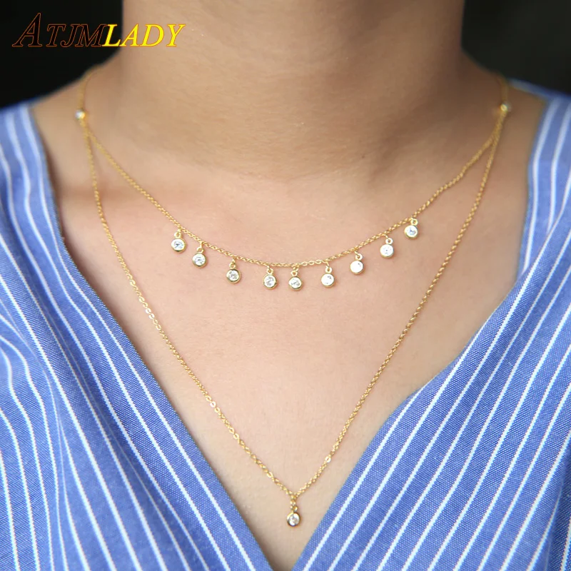 

2018 multi piece cz drip drop charm double layer gold rose gold color 925 sterling silver choker Double Strand women necklace