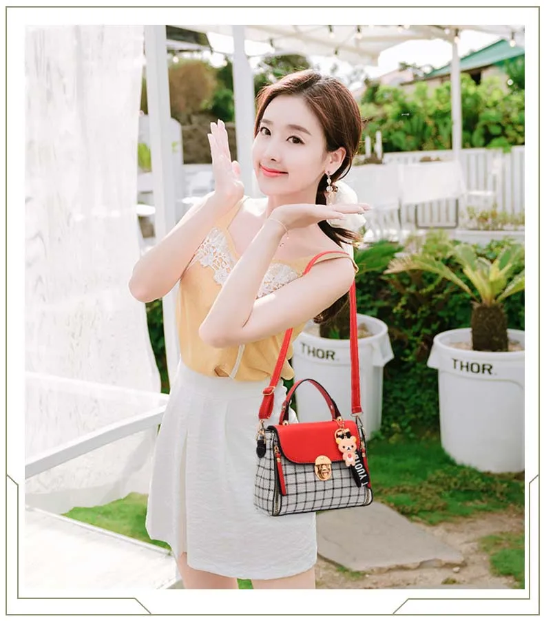 Women PU leather Plaid Bucket Handbag Fashion Panelled Small Printing Crossbody Shoulder Bag Female Elegant Bear Tote Purse Bags (2)