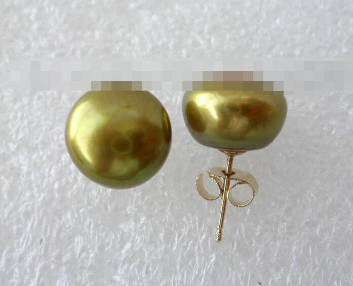 

free shipping 00303 round green freshwater pearl earrings