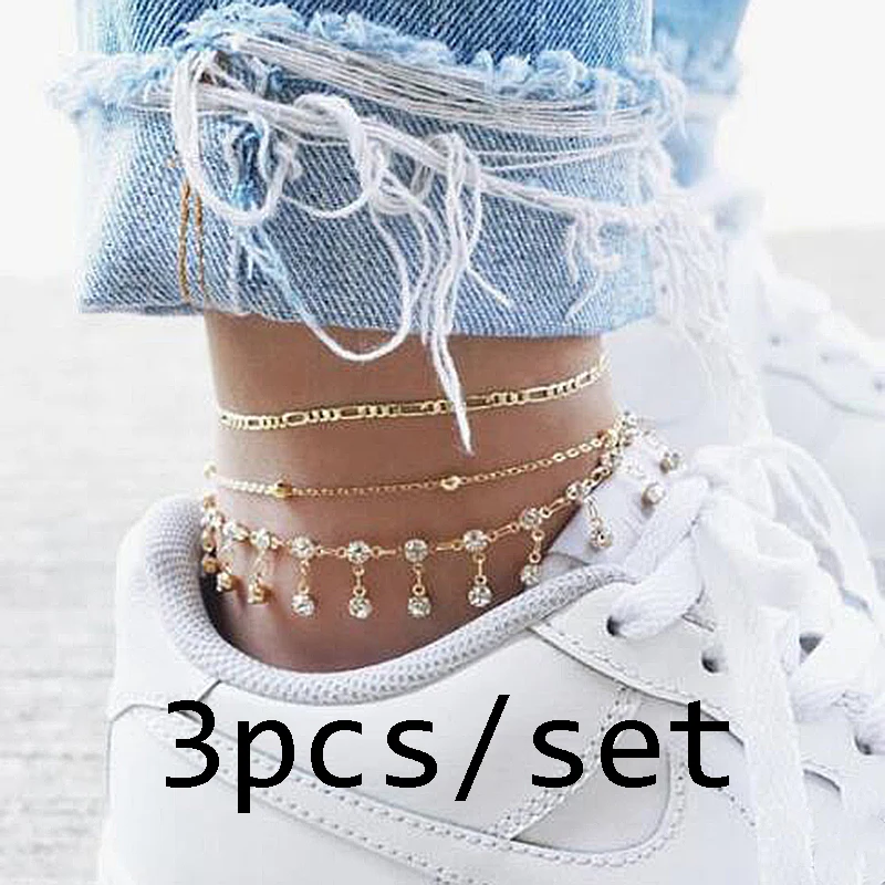 

3Pcs/Set Rhinestone Tassel Chain Ankle Bracelet Bohemian Women Beach Jewelry Fashion Gold Color Foot Anklets For Women O4M336