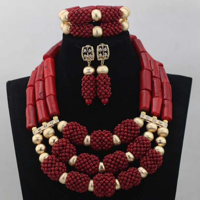Amazing Red Coral Beads Necklace Jewelry Set 18K Gold Plated Wedding Brides Statement Jewelry Set Wine