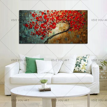 

100% Handmade Top Sell Red Flower Knife Oil Painting On Canvas Beautiful Wall Art Home Decoration Picture Large Cheap Decor Gift