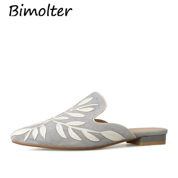 

Bimolter 2019 summer women mules genuine leather pointed toe flats with slippers outside fashion appliques mules outdoor FB043