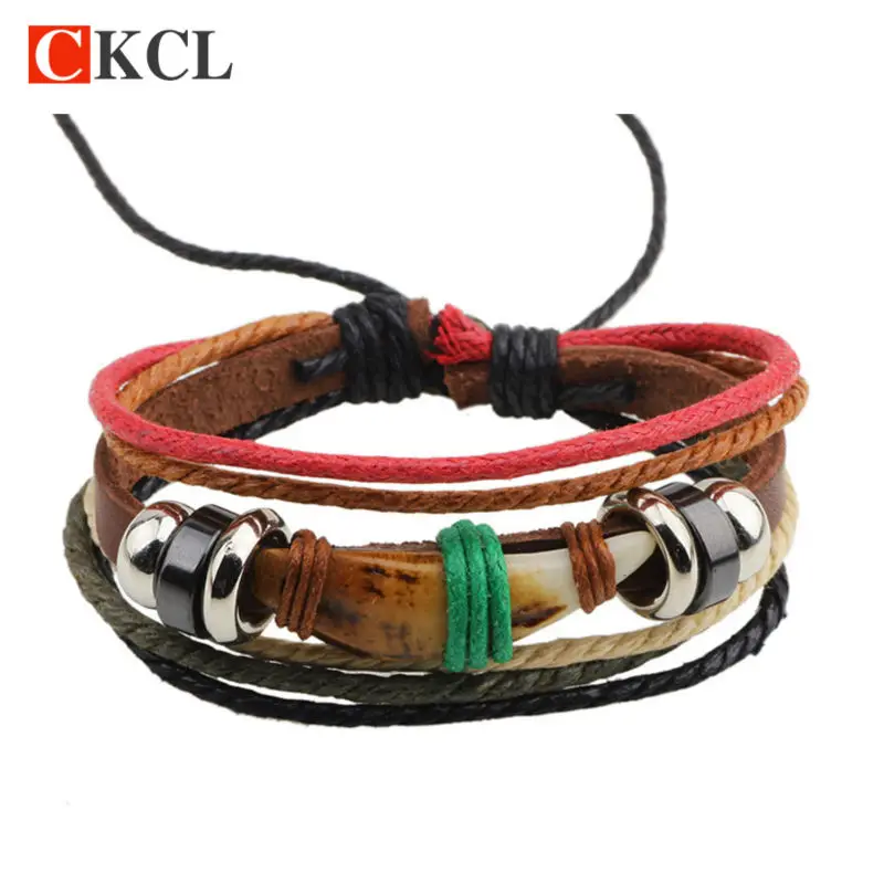 

Braided wolf teeth leather vintage bracelet for men Multi layer handmade bone rope cool men's bracelet rock steampunk jewelry