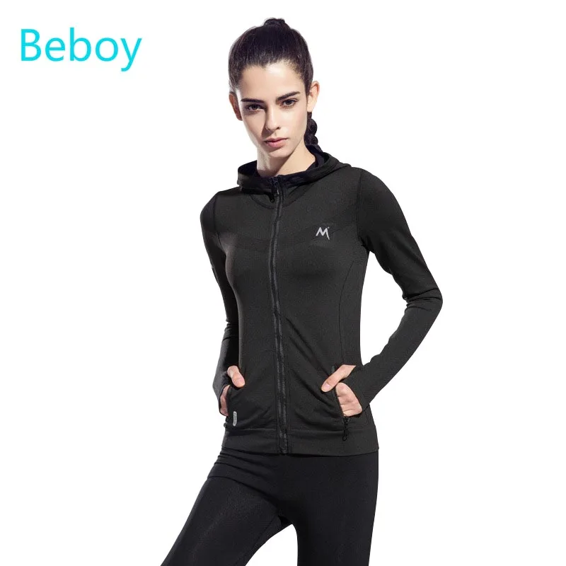 Image Quick Dry Running Jacket Women Breathable Hooded Zipper Sport Outwear Windproof Fitness Yoga Gym Sweatshirt with Two Side Pocket