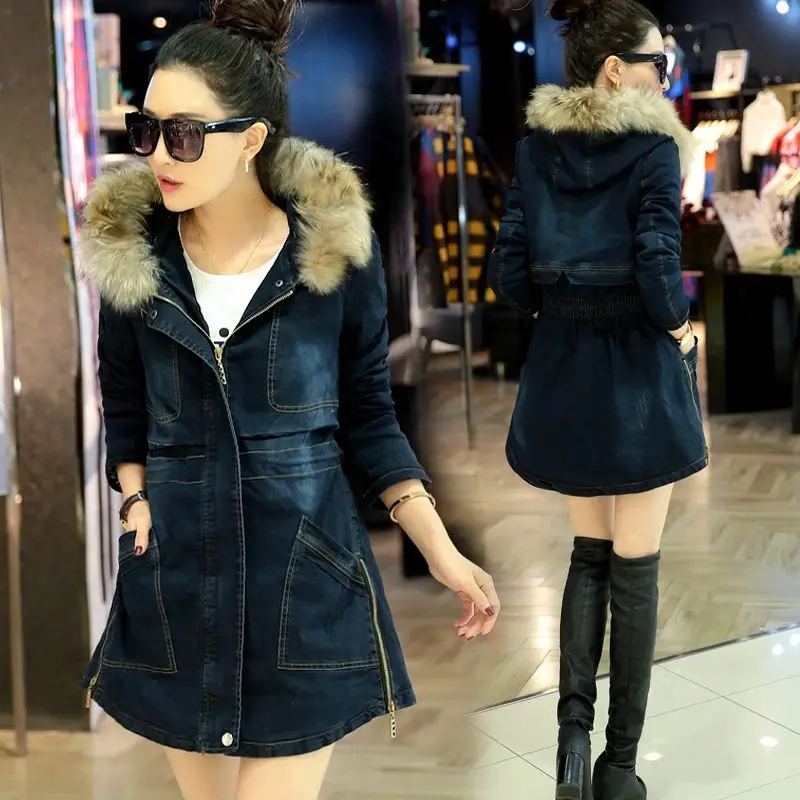 Women Thicken Long Denim Cotton Coat New Trendy Jeans Winter Coat 2016 Womens Fur Hooded Long