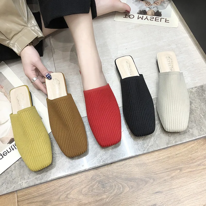 

2019 Spring Leisure Fashion Women Slippers Outdoor All match Yellow Red Knitting Low Heel Square Toe Mules Shoes Summer