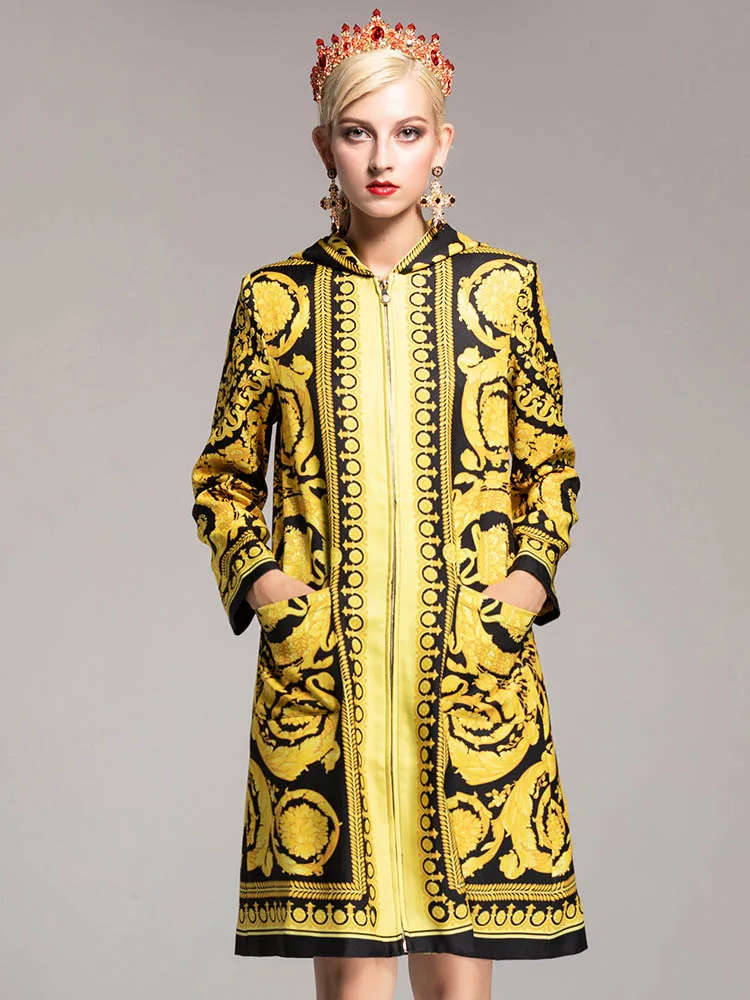 

Gothic Coat Trench Fall 2019 Trend Winter Warm Women's Shelter Cardigan With Hood Print Vintage Feminino Full Slim Zipper Court