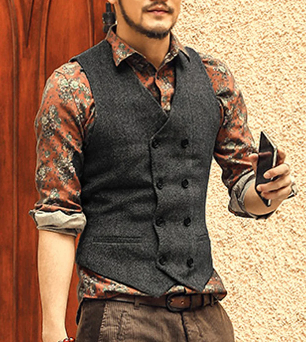 Mens Suit Vest V Neck Wool Herringbone Casual Formal Business Double-breasted Waistcoat Groomman For Wedding Green/Black/Brown 3