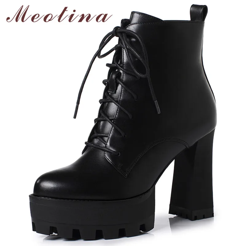

Meotina Autumn Ankle Boots Women Natural Genuine Leather Platform Thick Heel Short Boots Zip Extreme High Heel Shoes Lady Winter