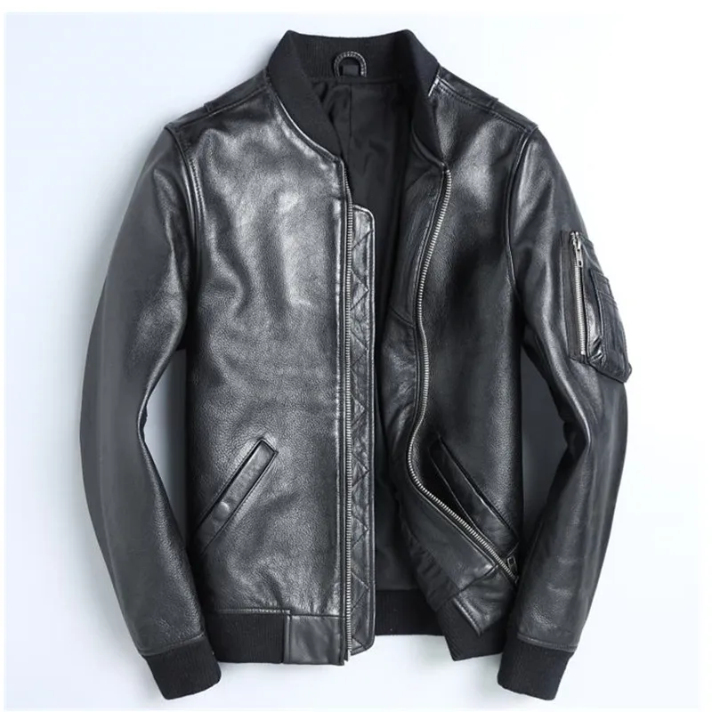 

2019 Black Men Pilot Leather Jacket Plus Size XXXL Genuine Cowhide Spring Russian Slim Fit Military Leather Coat FREE SHIPPING