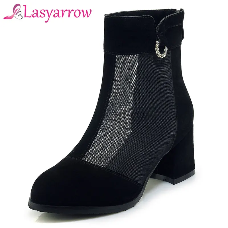 Lasyarrow Fashion Women's Ankle Boots Mesh Shoes Sexy High Heels Lady Platform Pumps Back Zipper Shoe Female Rhinestone J612 | Обувь