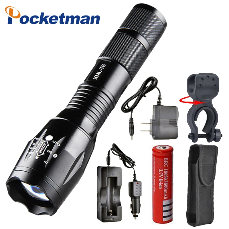 

6000 Lumens 5-Mode T6 LED Flashlight with charger Zoomable rechargeable Focus Light Torch Lantern by 1*18650 or 3*AAA z45