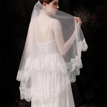 

ISHSY Fingertip white Ivory Tulle Bridal weeding Veils with comb Blusher Lace Edge Veil Voiles Mariage Dentelle velos de novia