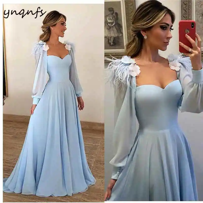 sky blue YNQNFS M81 Гала Jurken Vestidos Elegantes перо голубое платье одежда с длинным рукавом для матери невесты платья Жених Мать платье - Цвет: sky blue
