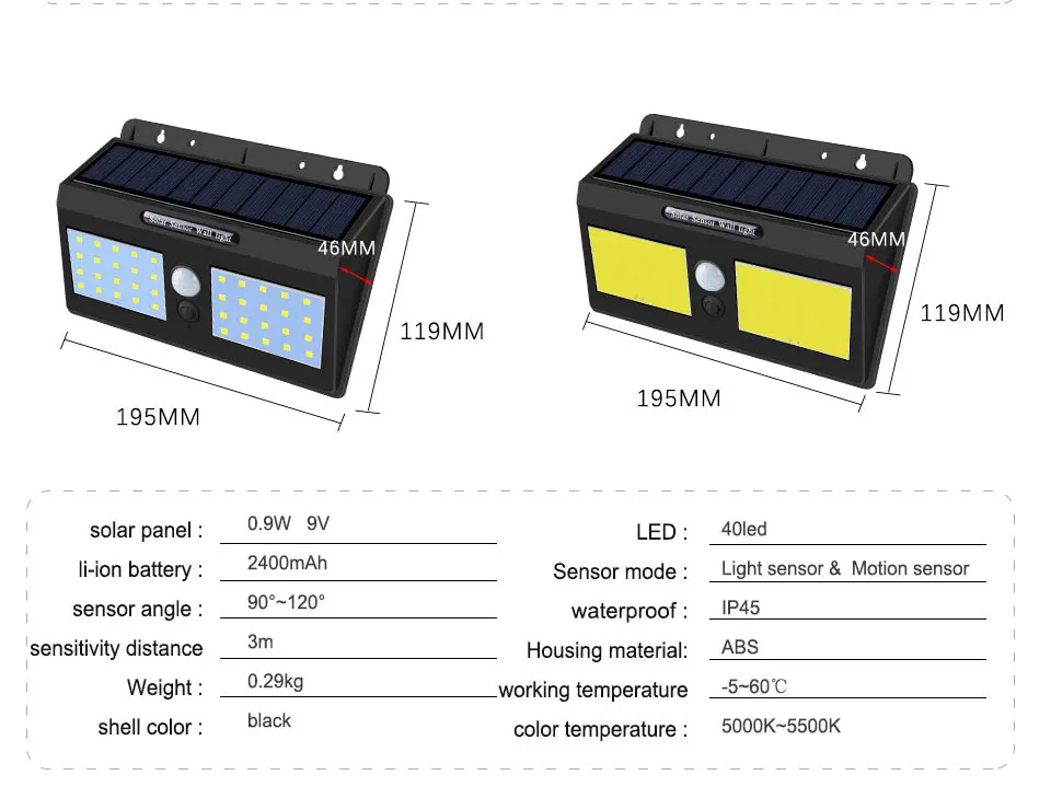Движения PIR Сенсор солнечные лампы 20 40 светодиодов 1200 mAh Батарея 800 люмен энергосберегающие открытый стены крыльцо безопасности ночного