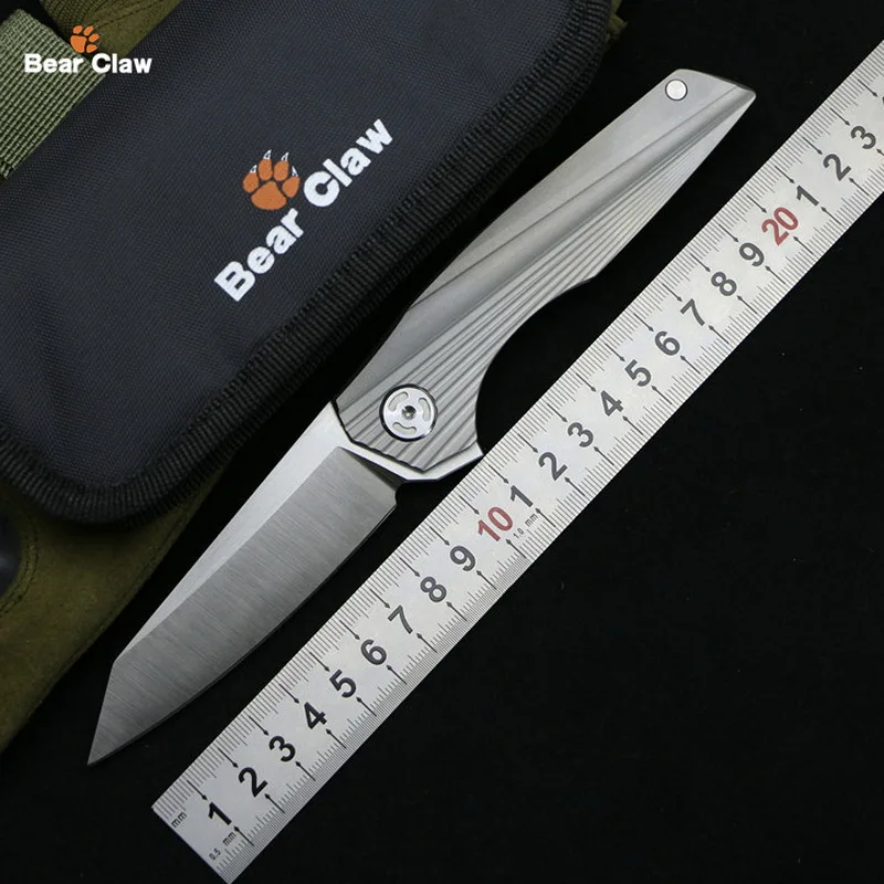 

Bear claw Parallel lines Flipper folding knife D2 Blade ball bearing Titanium handle Outdoor survival tactical knives EDC tools